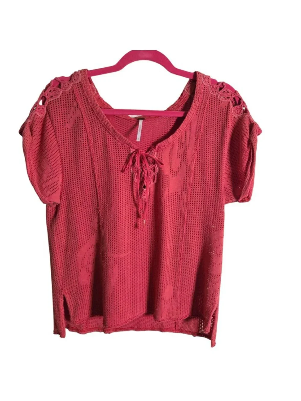 Free People Bohemian Crochet Shoulder Tie Neckline Faded Red Cotton Top Size S